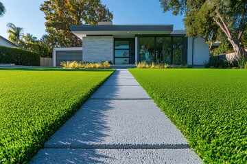 Vibrant aquamarine synthetic turf enhancing the front of a modern home with a simple concrete pathway