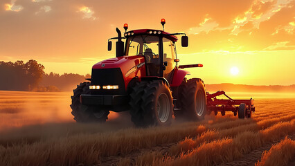 Fototapeta premium Red Tractor in Agricultural Field at Sunrise