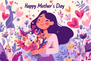 Smiling woman holding flowers in a colorful floral garden for Happy Mother's Day.