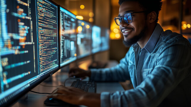 A man in glasses smiles while coding on multiple monitors.