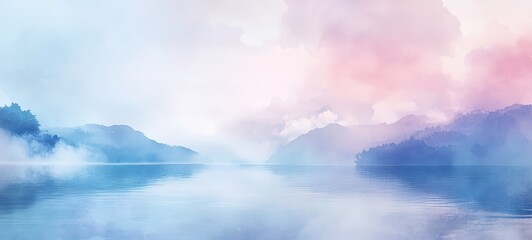 Naklejka premium A watercolor-inspired illustration of a tranquil seaside landscape, with soft hues of blue, pink, and purple blending together to create a serene and soothing scene