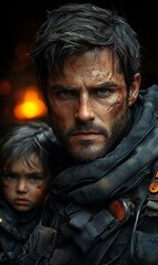 Fototapeta premium Strong bond between father and son in a tense and harsh environment during trials
