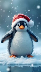 Cute Penguin Wearing Santa Hat in Snowy Landscape