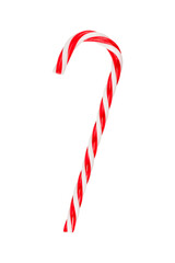 Red and white striped candy cane isolated on a transparent background. Stock photo.