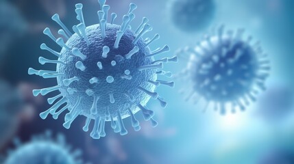 Virus cell with spikes under blue light showcasing microscopic details in a biological research setting