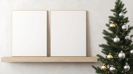 Two mock up poster frames on the wall next to a beatifully decorated Christmas tree with various ornaments