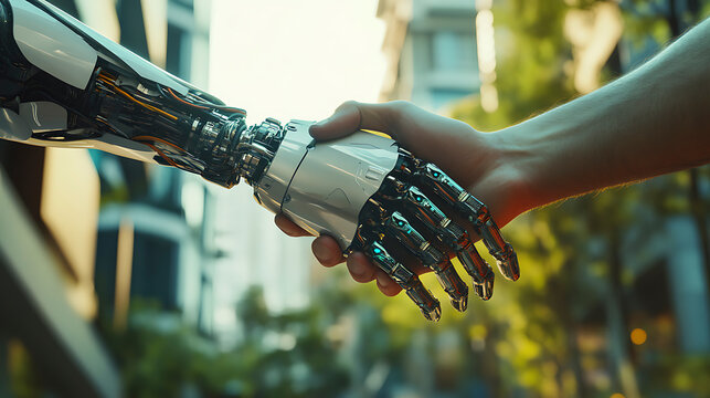 Futuristic Collaboration Robot and Man Shaking Hands Outdoors on a Sunny Day