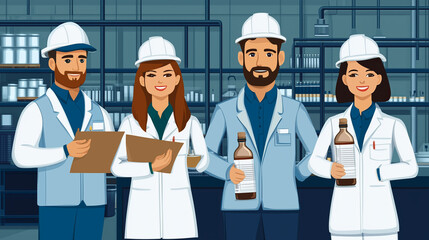 Four lab workers in white coats and hard hats hold samples and a clipboard in a lab setting.
