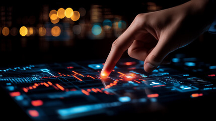 Fototapeta premium A hand interacts with a digital interface, glowing with futuristic technology.