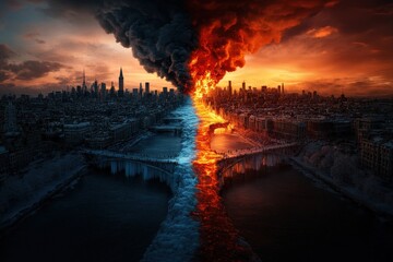 Fototapeta premium A surreal city scene split down the middle by a raging fiery river against a backdrop of a frozen landscape, illustrating a metaphor of nature's power and contrast.