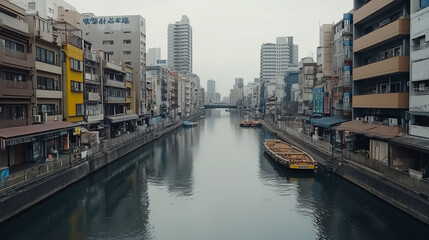 Fototapeta premium A canal in a city with boats, buildings, and a bridge in the distance.