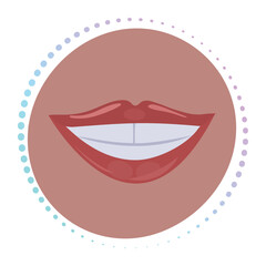 Wide woman smile, red lips and white teeth, gradient sign with dotted contour, round colorful illustration