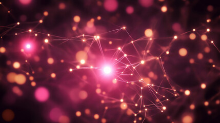 Obraz premium Abstract pink and orange network with glowing nodes and lines.