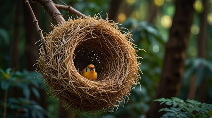 A yellow bird with a red beak sits inside a woven nest in a tree.