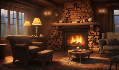 Fototapeta premium Living room with fireplace, cup of hot drink, rich warm tones