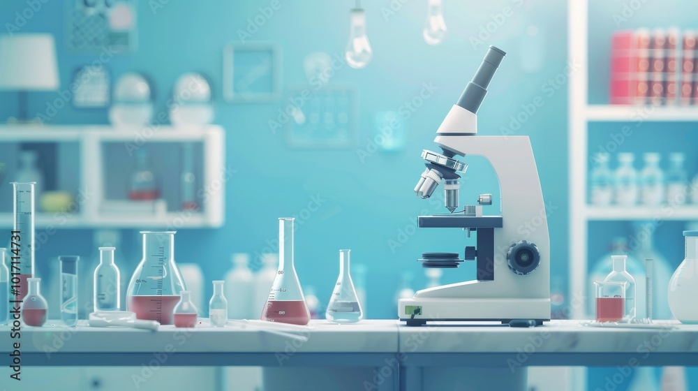 Leinwandbilder a bright lab features a microscope with colorful liquids in glass beakers and flasks, creating a vib