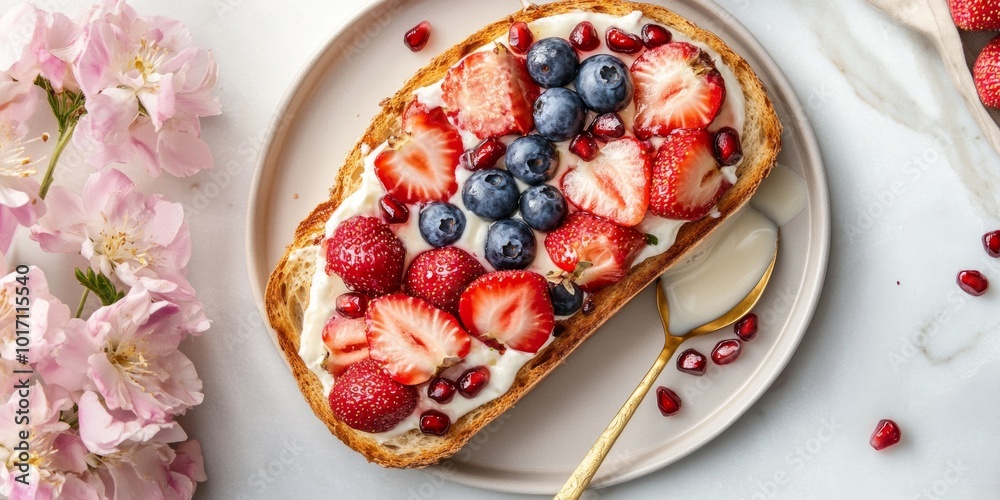 Sticker Delicious open-faced toast topped with fresh strawberries, blueberries, and pomegranate seeds. A vibrant food styling that highlights a healthy breakfast option. 