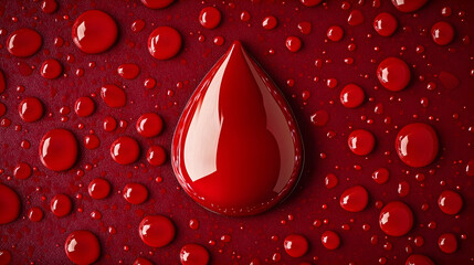 A large blood droplet in the center of the background surrounded by smaller drops