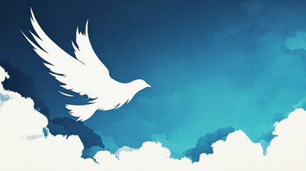 Naklejka premium A white dove flies through a blue and white sky.