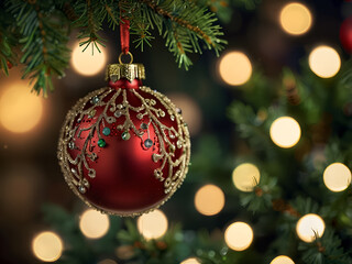 Fototapeta premium Close up of decorated Christmas tree branch with Christmas ball