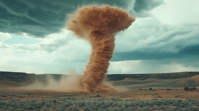 A swirling dust devil forms a massive column under a stormy sky.