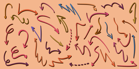 Set of hand drawn arrows with curvy lines. Hand drawn set of doodle arrow icons. Collection of colorful hand free curved lines and pointers.