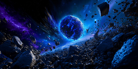 A blue planet in a field of asteroids and stars.