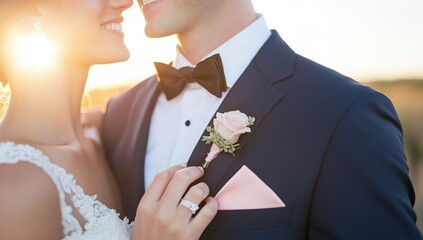 The groom is wearing a navy blue tuxedo and a pink pocket square, with a black bow tie, and he is smiling His bride is wearing a white wedding dress and is holding her hand on the groom Generative AI