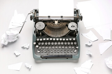 Vintage typewriter and paper pieces on white background