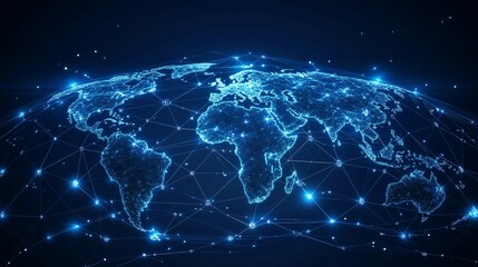 A glowing, interconnected world map highlighting global network connections.