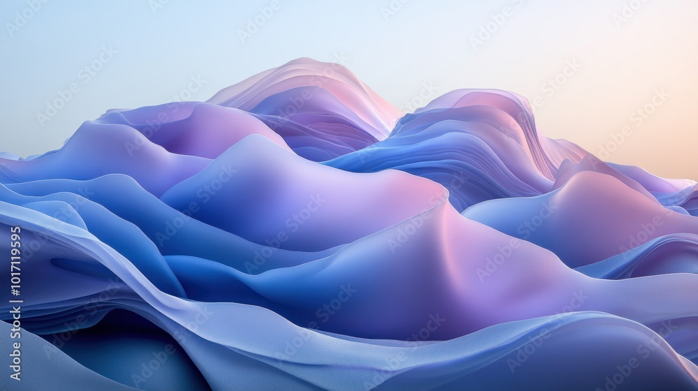 Wall mural Abstract Wavy Landscape in Pastel Blue and Purple Hues