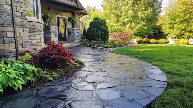 A beautifully designed stamped concrete patio leads to an elegant home, surrounded by vibrant autumn foliage, showcasing the charm and appeal of upscale outdoor living at its finest