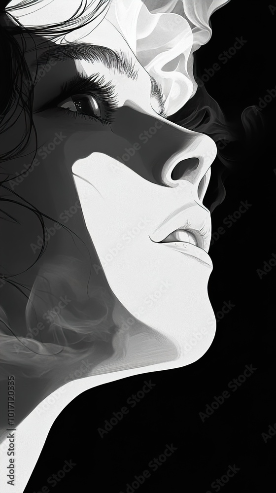 Wall mural Black and White Portrait of a Woman with Smoke