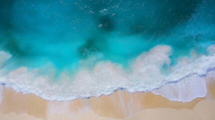 Fototapeta premium Aerial view of turquoise water crashing onto a white sandy beach.