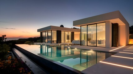 Fototapeta premium Stunning contemporary villa with a sleek pool and panoramic sunset views, combining luxury living with modern design in an enchanting coastal setting