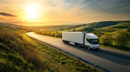 White Semi-Truck Driving on a Winding Road Through a Scenic Landscape at Sunset