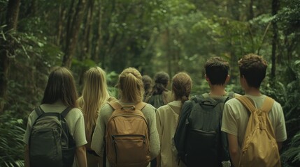 Group of People Walking Through a Lush Forest