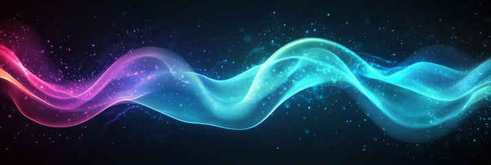 Fototapeta premium Abstract glowing wave of light in blue, pink, and purple shades on black background.