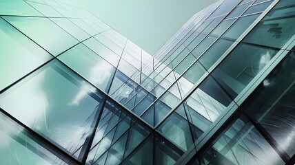 Abstract view of a modern glass skyscraper, highlighting the reflective surfaces and angular lines, creating a stunning interplay of light and architecture in an urban setting