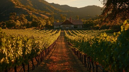 Naklejka premium A Rustic House Amidst Lush Vineyards at Sunset