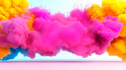 Fototapeta premium A vibrant explosion of pink, yellow, and blue powder creates a colorful abstract background.
