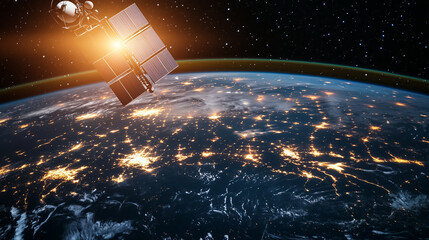 A satellite orbits Earth, illuminating city lights at night.