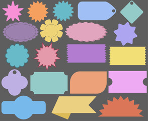A colorful collection of badges and logo shapes in a variety of styles and colors, including circles, stars, squares, and ribbons. Each shape is filled with pastel colors.