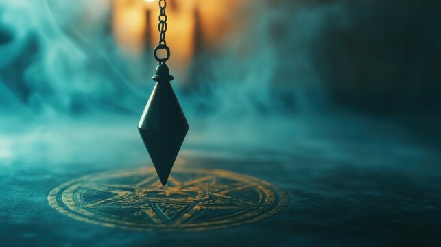 photo of a close-up of a pendulum swinging, dark moody lighting with mist and mysterious symbols in the background, creating an esoteric and magical ambiance