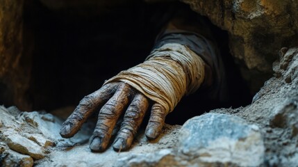 An ancient wrapped hand emerges from a rocky crevice, suggesting a mysterious burial site or archaeological find in a secluded location