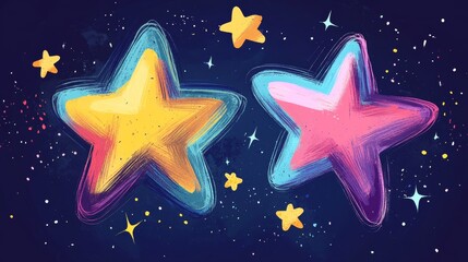 Fototapeta premium Cute, colorful stars drawn like a child would, with sparkles and shine. These hand-drawn stars are perfect for adding a playful touch to your designs.