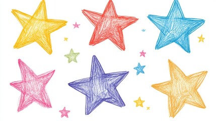 Cute, colorful stars drawn like a child would, with sparkles and shine. These hand-drawn stars are perfect for adding a playful touch to your designs.