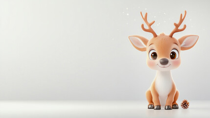 A cheerful comic reindeer sitting on a white background in a playful pose with a small pine cone nearby during winter festivities