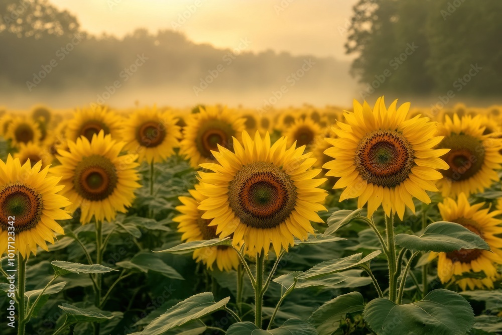 Canvas Prints Sunflowers Blooming in a Field of Fog at Sunrise