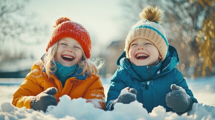 Joyful siblings enjoy a sunlit winter day, playing in the fluffy snow with bright hats and warm jackets, creating lasting memories of laughter and fun